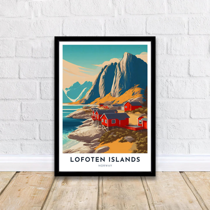 Panoramic vector rendering of Lofoten Islands in Norway featuring a traditional fishing harbor, calm waters, and sharp mountain peaks. A thoughtful gift for travel lovers, this artwork is available in high definition as a ready to hang framed poster, unframed archival paper print, or gallery wrapped canvas display.