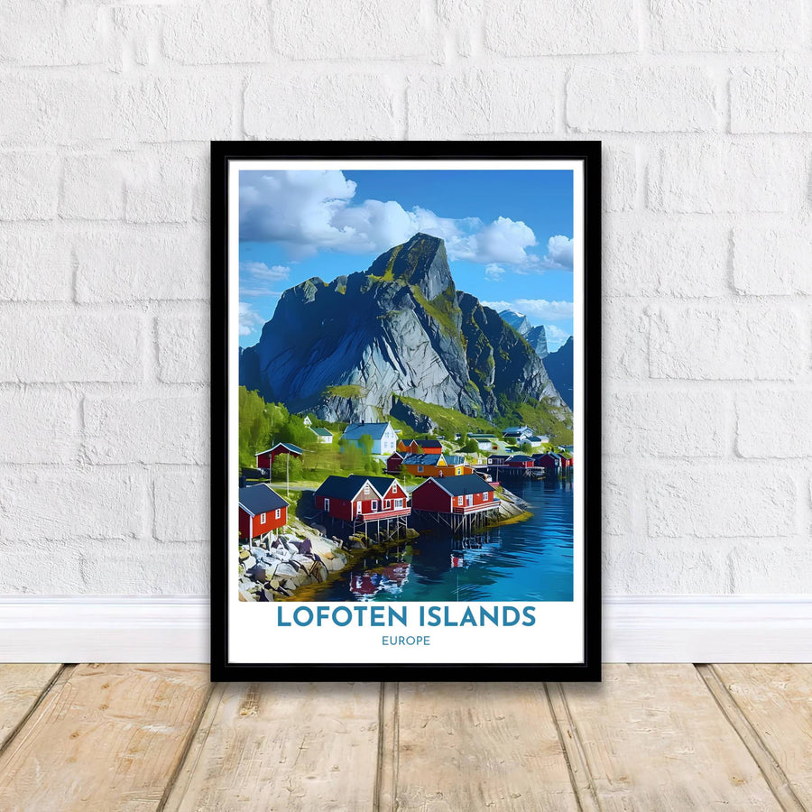 Classical Scandinavian landscape poster featuring Hamnoy village in Norway with landmark title details at the bottom. Supplied by MapYourDreams, this artwork is available in flexible options including unframed paper, custom wooden frames, and gallery canvas wraps for stylish decor.