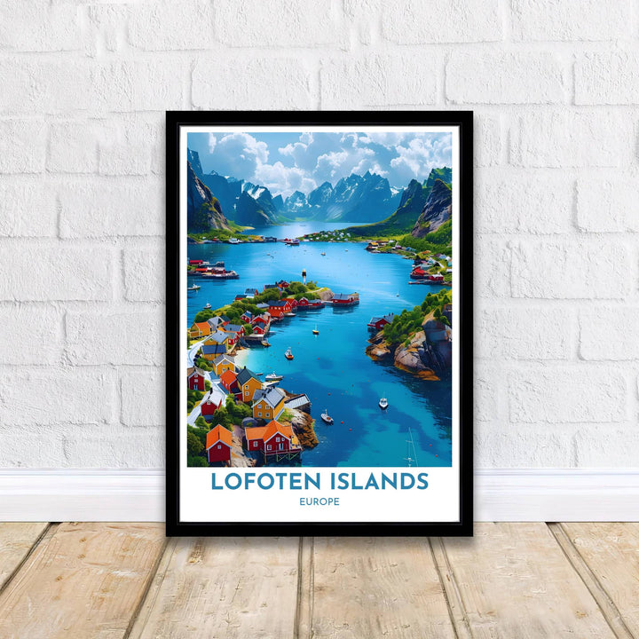 Classical Scandinavian landscape poster featuring Henningsvaer village in Norway with landmark title details at the bottom. Supplied by MapYourDreams, this artwork is available in flexible options including unframed paper, custom wooden frames, and gallery canvas wraps for stylish decor.