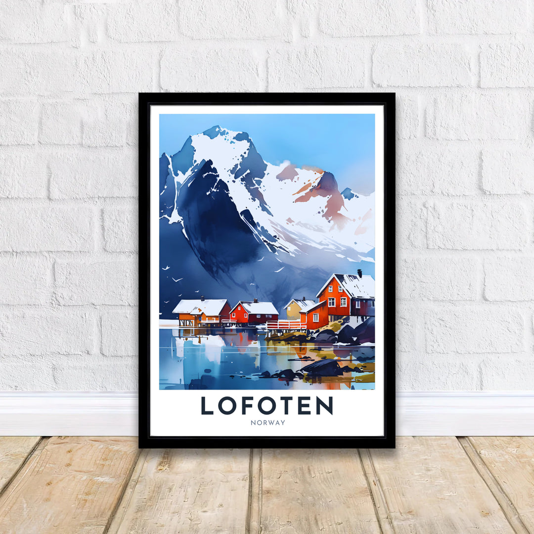 Panoramic watercolor rendering of Lofoten in Norway featuring quiet fjord waters, reflections, and sharp mountain peaks. A thoughtful gift for travel lovers, this artwork is available in high definition as a ready to hang framed poster, unframed archival paper print, or gallery wrapped canvas display.