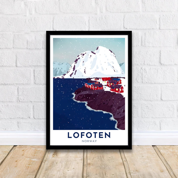 Panoramic Arctic vector artwork of Lofoten in Norway showing quiet winter waters, rocky coastlines, and snow-capped peaks. A thoughtful gift for travel lovers, this artwork is available in high definition as a ready-to-hang framed poster, unframed archival paper print, or gallery wrapped canvas display.