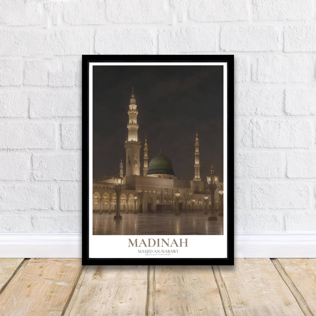 Classical Islamic architecture night poster featuring the Green Dome at Masjid an Nabawi in Madinah with latitude coordinates text. Supplied by MapYourDreams, this artwork is available in flexible options including unframed paper, custom wooden frames, and gallery canvas wraps for stylish decor.