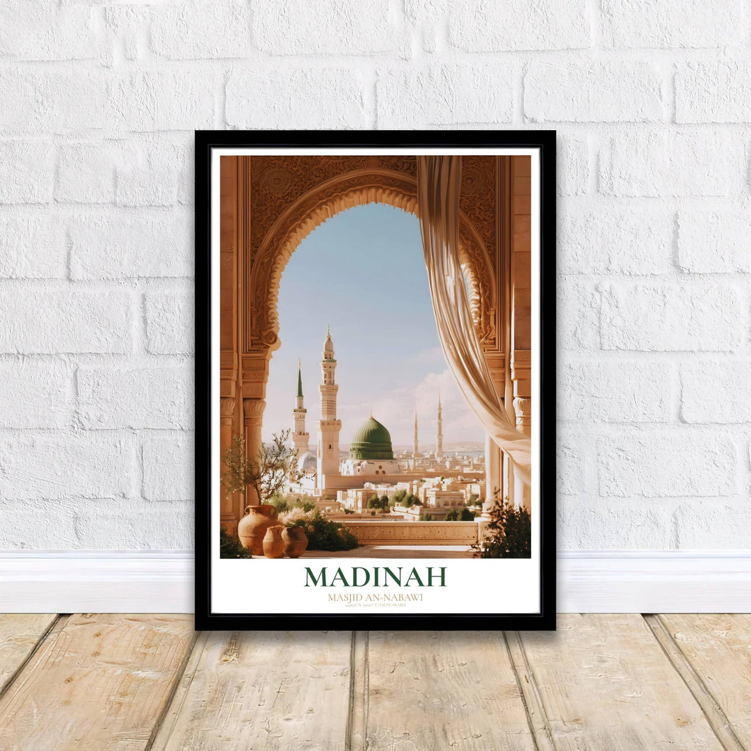 Classical Islamic architecture poster featuring the Green Dome at Masjid an Nabawi in Madinah viewed through a stone arch with latitude coordinates. Supplied by MapYourDreams, this artwork is available in flexible options including unframed paper, custom wooden frames, and gallery canvas wraps for stylish decor.