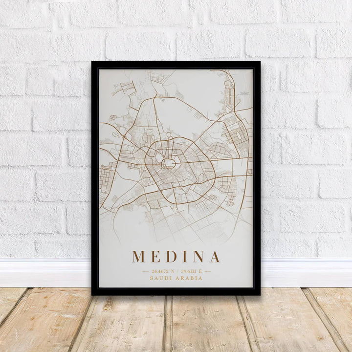 Classical minimalist city map poster featuring Medina Saudi Arabia street grid with precise latitude and longitude coordinates. Supplied by MapYourDreams, this artwork is available in flexible options including unframed paper, custom wooden frames, and gallery canvas wraps for stylish decor.