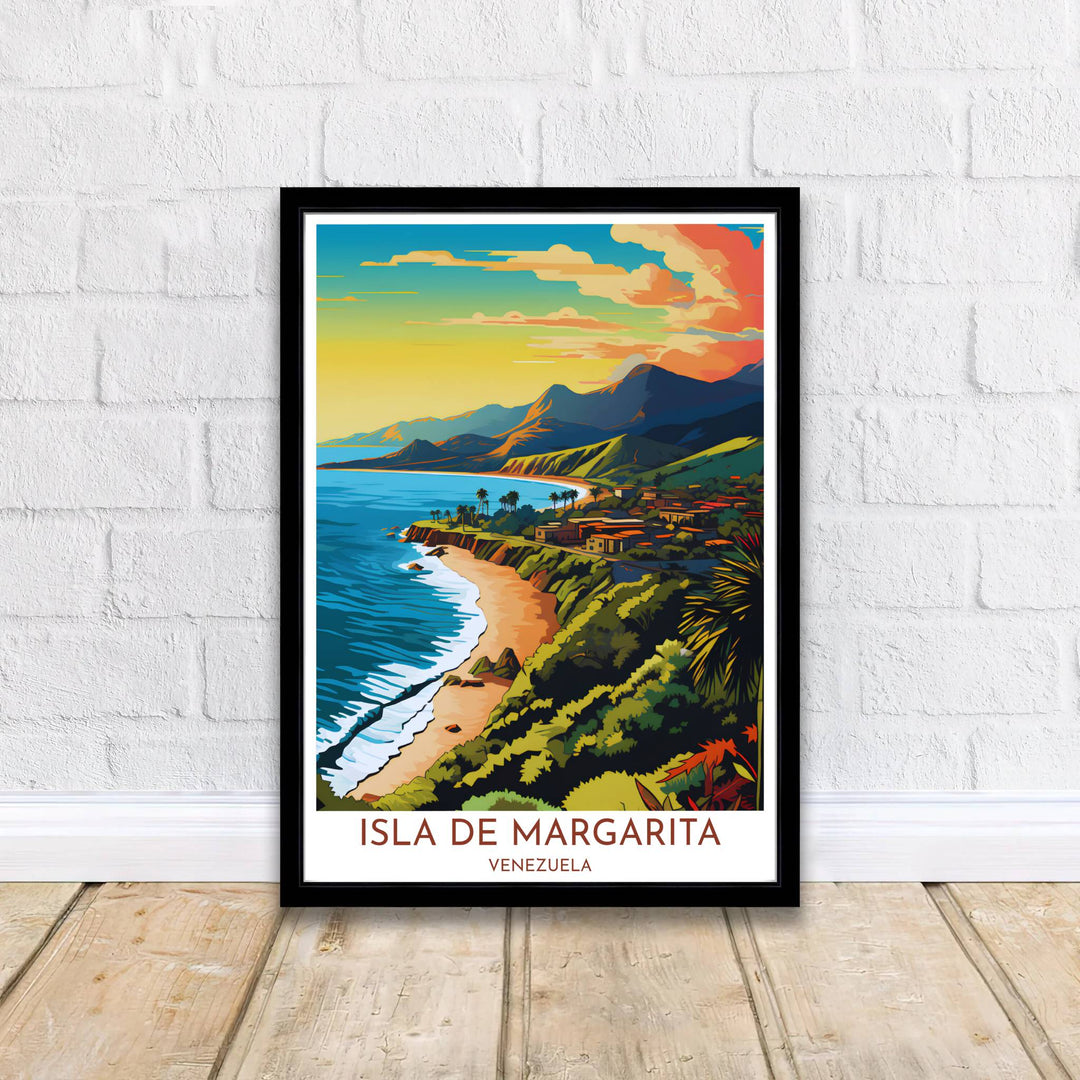 High-contrast coral orange, yellow, and cobalt blue wall art showing the beach and mountains of Isla de Margarita in Venezuela. Curated by MapYourDreams, this wall piece offers customizable choices such as archival paper prints, real wood frames, or canvas wraps.