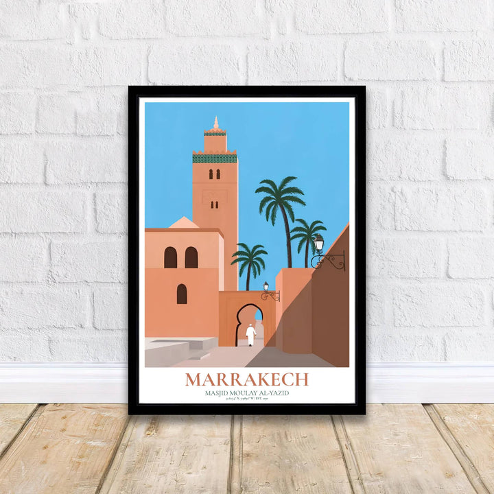 Classical Moorish architecture poster featuring Kasbah Mosque in Marrakech Morocco with geographic coordinates text at the bottom. Supplied by MapYourDreams, this artwork is available in flexible options including unframed paper, custom wooden frames, and gallery canvas wraps for stylish decor.