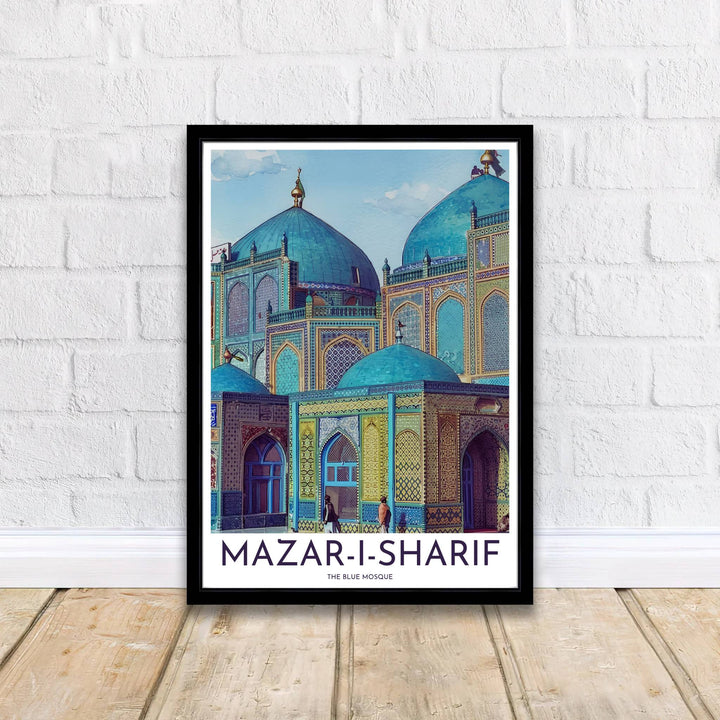 Classical Timurid architecture poster featuring the Blue Mosque Shrine of Ali in Mazar-i-Sharif Afghanistan with landmark title text at base. Supplied by MapYourDreams, this artwork is available in flexible options including unframed paper, custom wooden frames, and gallery canvas wraps for stylish decor.