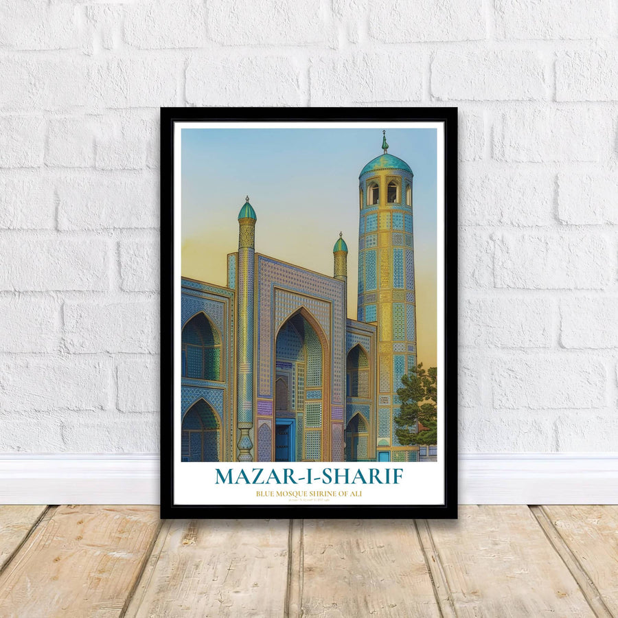 Classical Timurid architecture poster featuring the Blue Mosque Shrine of Ali in Mazar-i-Sharif Afghanistan with landmark title details. Supplied by MapYourDreams, this artwork is available in flexible options including unframed paper, custom wooden frames, and gallery canvas wraps for stylish decor.