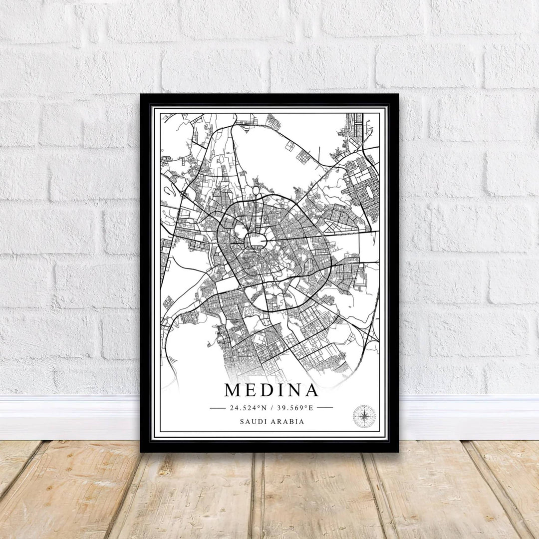 Classical minimalist city map poster featuring Medina Saudi Arabia street grid with precise latitude and longitude coordinates and compass symbol. Supplied by MapYourDreams, this artwork is available in flexible options including unframed paper, custom wooden frames, and gallery canvas wraps for stylish decor.