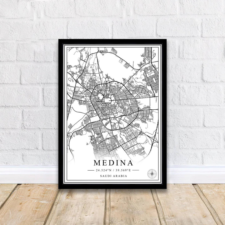 Classical minimalist city map poster featuring Medina Saudi Arabia street grid with precise latitude and longitude coordinates and compass symbol. Supplied by MapYourDreams, this artwork is available in flexible options including unframed paper, custom wooden frames, and gallery canvas wraps for stylish decor.