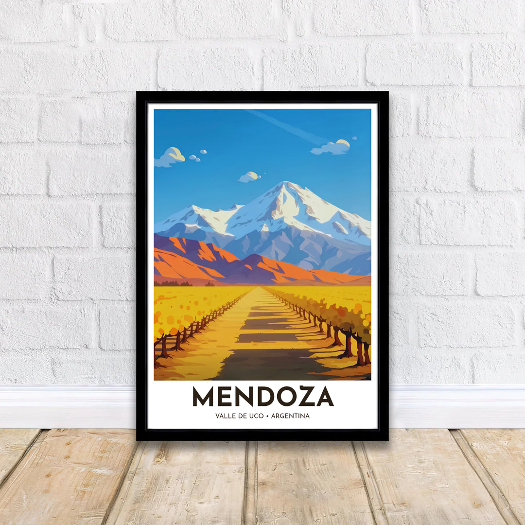 Golden hour wine cellar wall art showing yellow grapevine canopies and snow-capped mountain peaks in Argentina. Curated by MapYourDreams, this wall piece offers customizable choices such as archival paper prints, real wood frames, or canvas wraps.