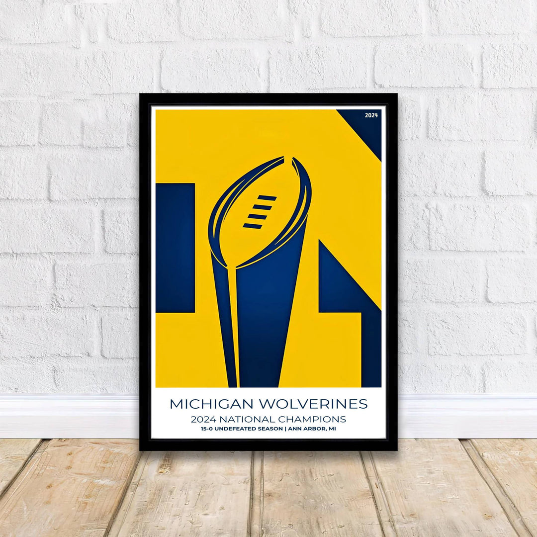 High contrast Maize yellow and deep Navy blue photo poster of Michigan Wolverines trophy silhouette with Ann Arbor MI subtitle. Published by MapYourDreams, this artwork is available in flexible options including unframed paper, custom wooden frames, and gallery canvas wraps for fine art display.