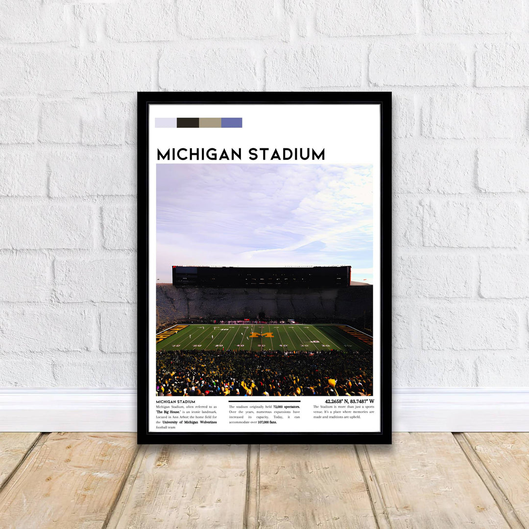 Maize and navy blue theme poster of Michigan Stadium showing field end zones, press box, and spectator bowl. Published by MapYourDreams, this artwork is available in flexible options including unframed paper, custom wooden frames, and gallery canvas wraps for fine art display.