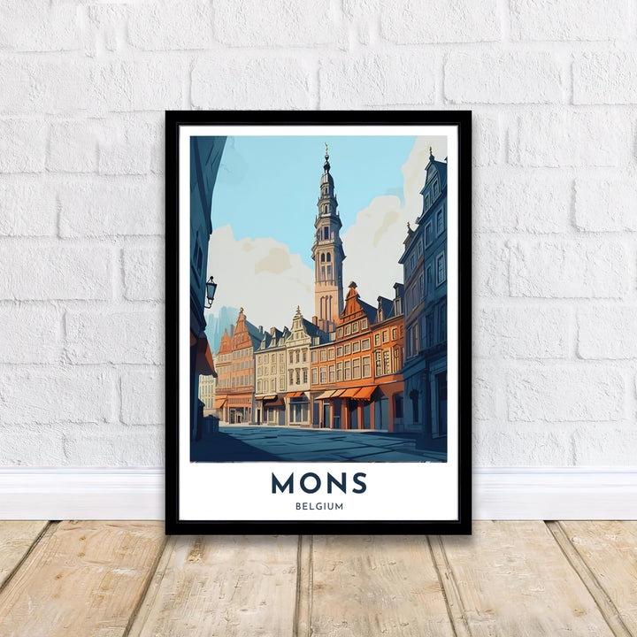 Modern vintage travel wall art print with a white border banner displaying "MONS BELGIUM". Offered by MapYourDreams, this artwork is available in flexible options including unframed paper, custom wooden frames, and gallery canvas wraps.