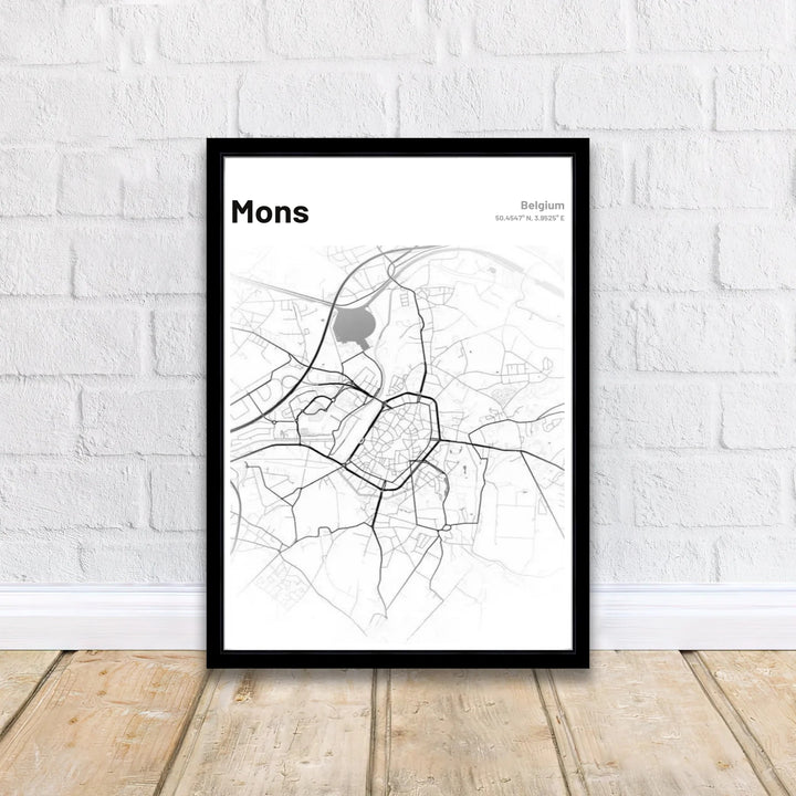 Stylish graphic map poster of Mons, Belgium, featuring modern minimalist typography with latitude and longitude location details. Offered by MapYourDreams, this artwork is available in flexible options including unframed paper, custom wooden frames, and gallery canvas wraps.