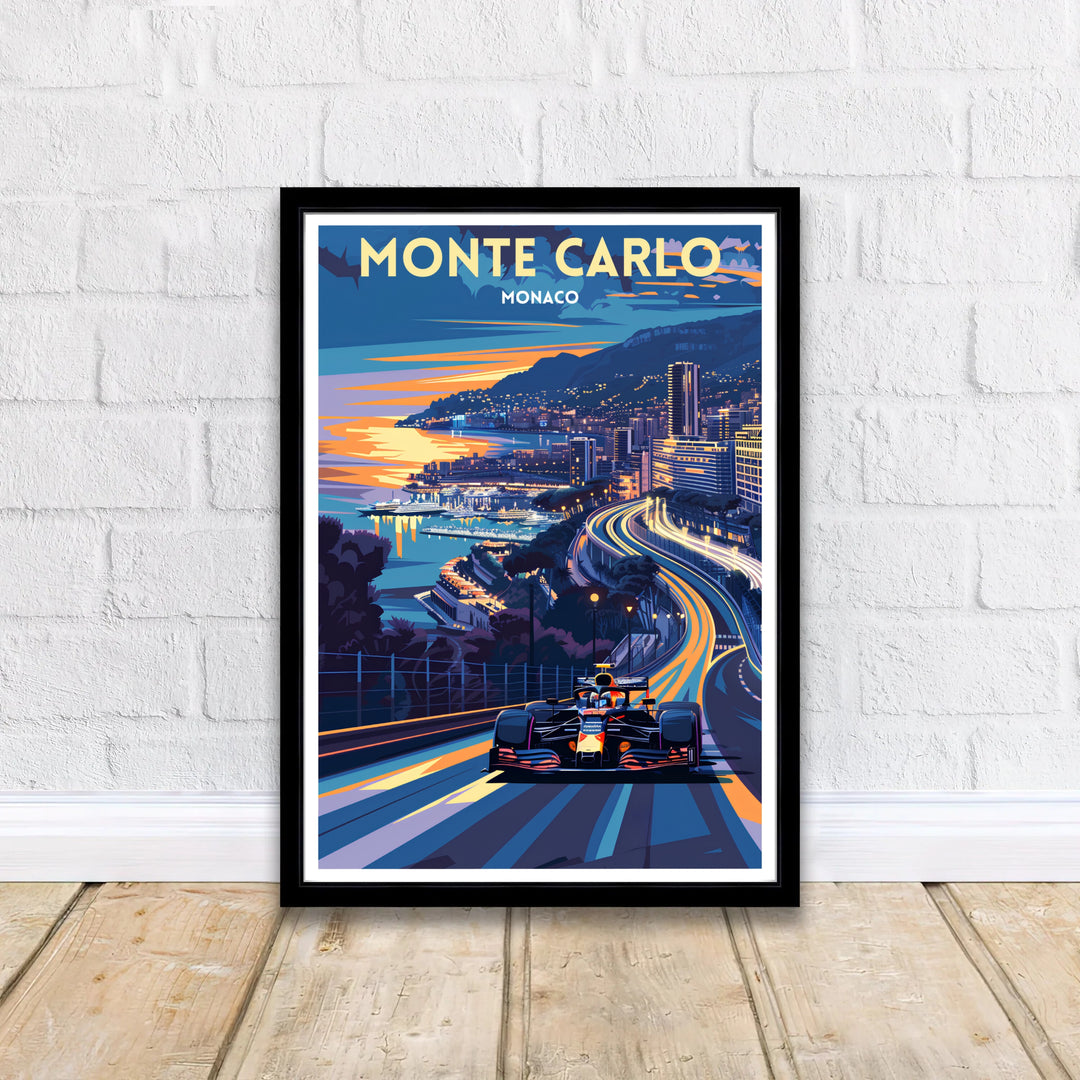Vintage-style motorsport illustration of a race car driving past the Monte Carlo harbor in Monaco at twilight, surrounded by glowing city lights and dramatic sunset clouds; available to purchase as an unframed art poster, gallery-wrapped canvas print, or sleek framed artwork.