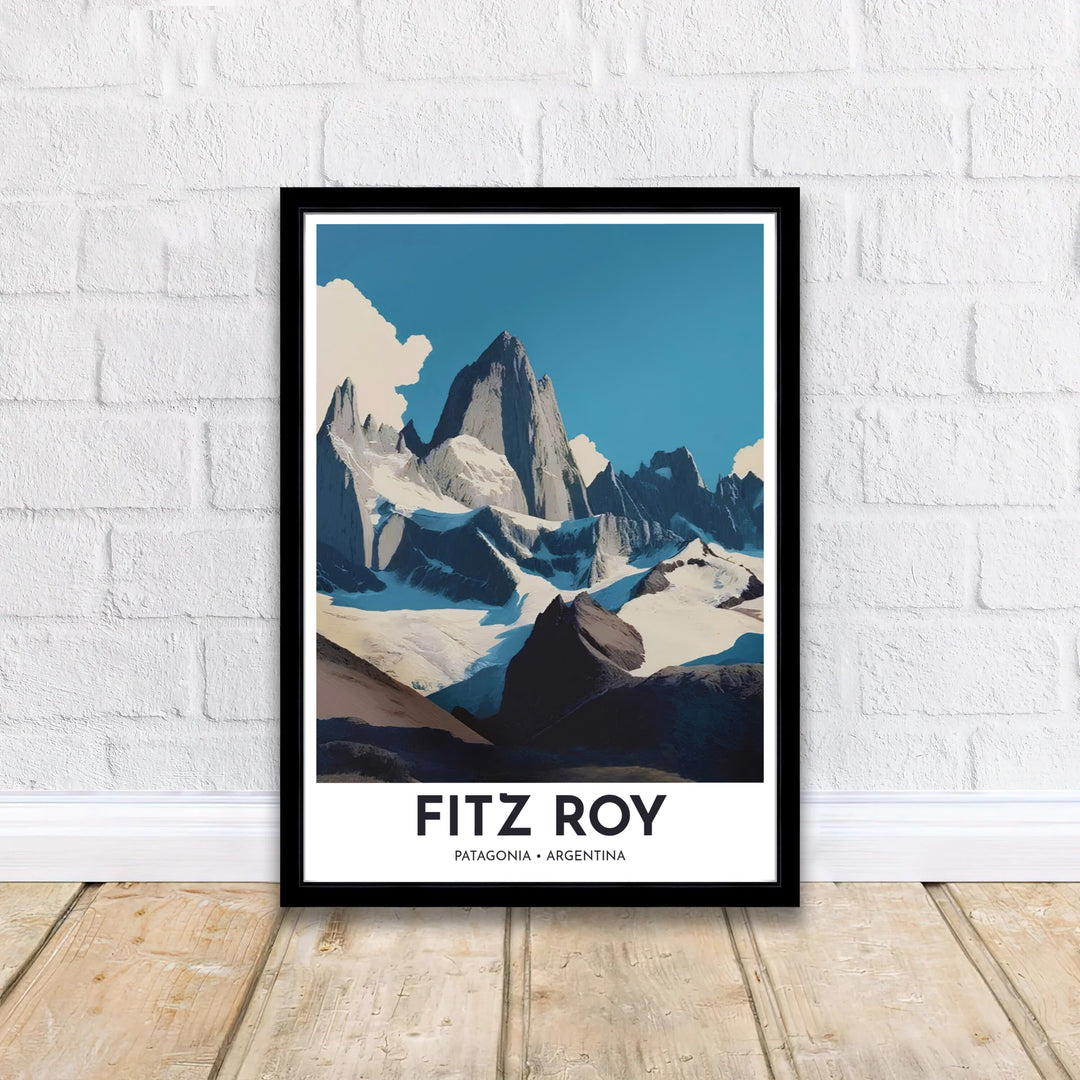 Dramatic Patagonian mountain print of Mount Fitz Roy designed for modern living rooms, bedrooms, and hiking den wall decor. A signature piece from MapYourDreams, this artwork comes ready for display as unframed paper, framed art, or stretched canvas.