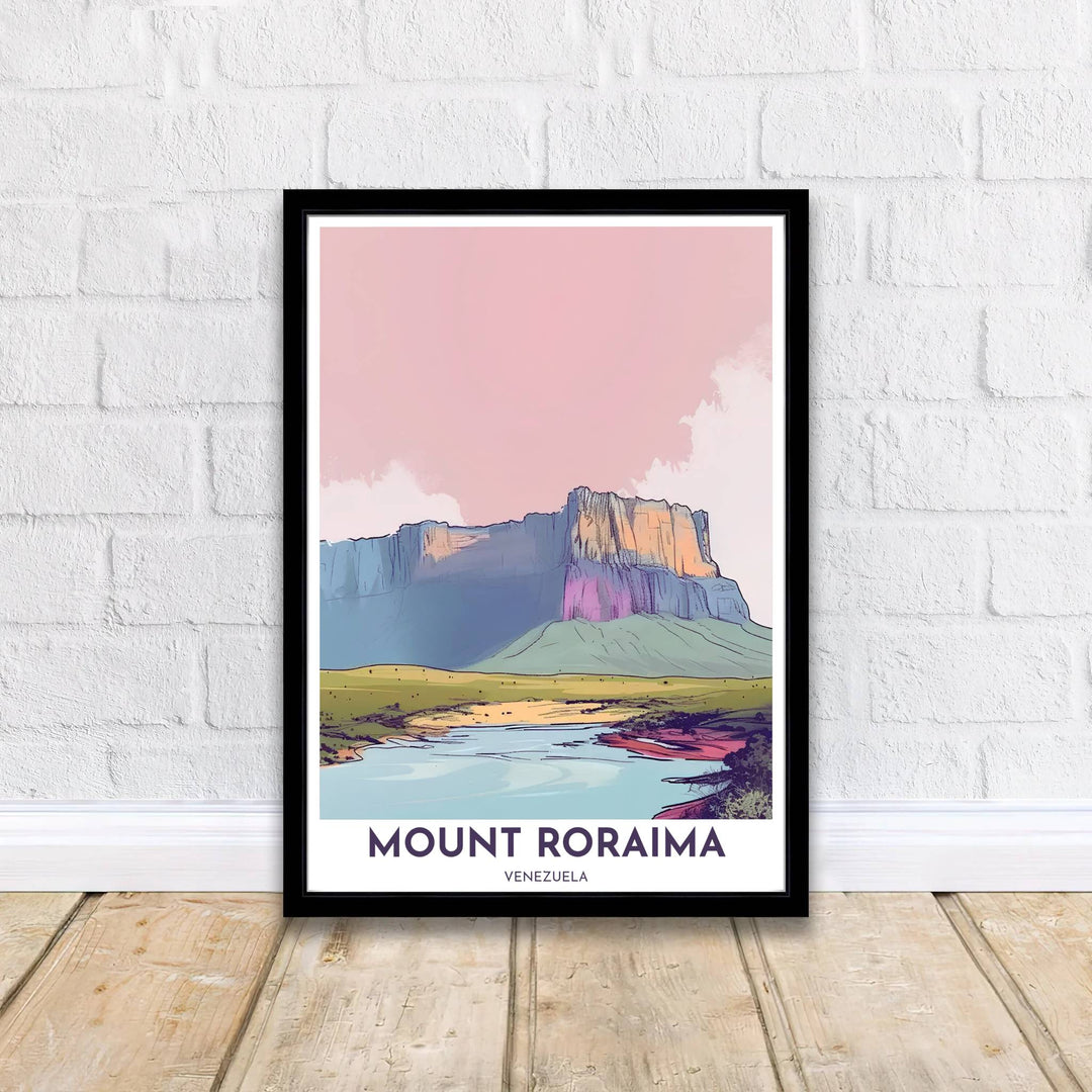 Delicate minimalist mountain print of Mount Roraima designed for bedrooms, modern living rooms, and office gallery walls. A signature piece from MapYourDreams, this artwork comes ready for display as unframed paper, framed art, or stretched canvas.