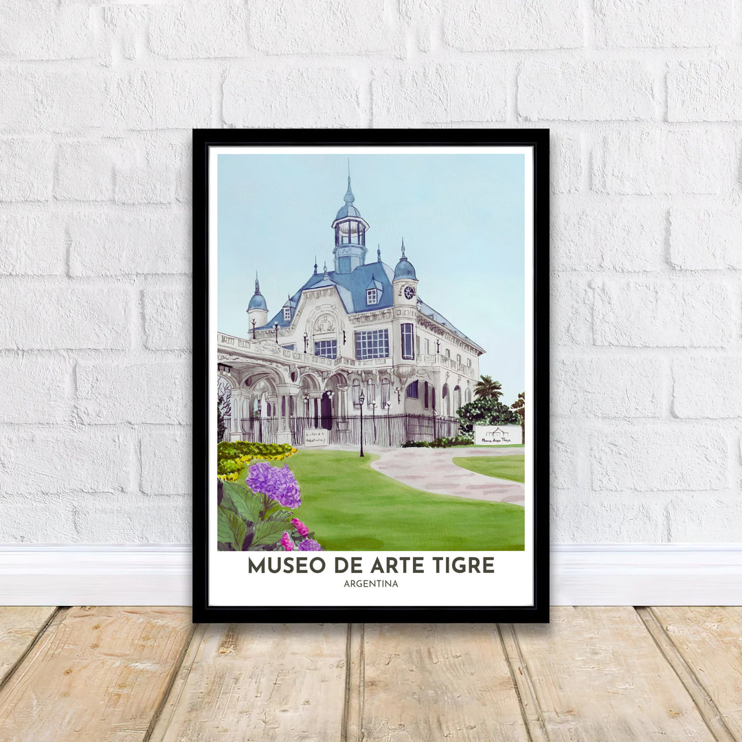 Romantic garden wall art showing purple hydrangeas and French-style manor architecture at Museo de Arte Tigre in Argentina. Curated by MapYourDreams, this wall piece offers customizable choices such as archival paper prints, real wood frames, or canvas wraps.