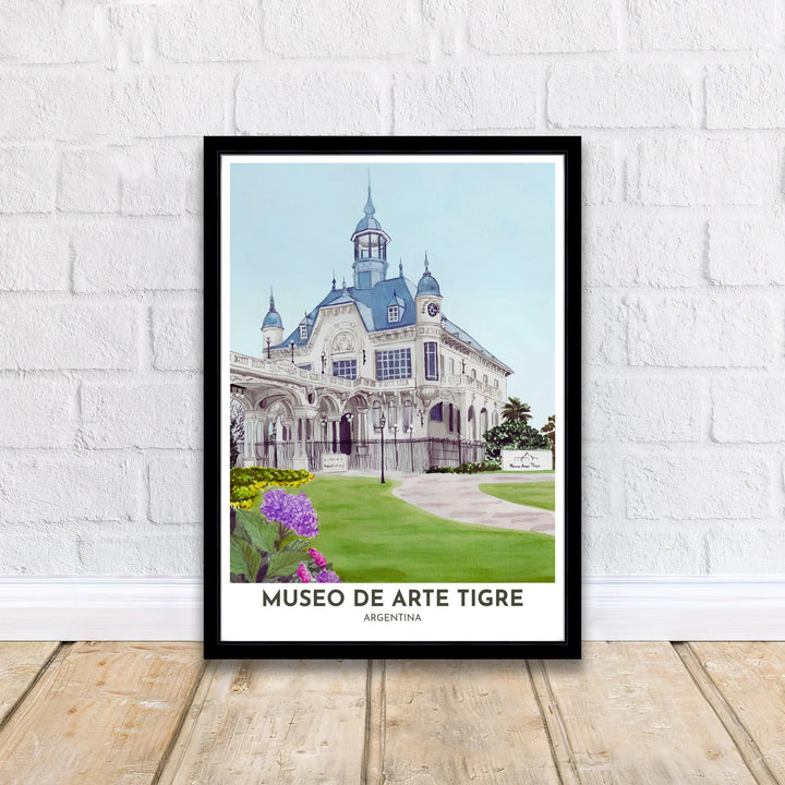 Romantic garden wall art showing purple hydrangeas and French-style manor architecture at Museo de Arte Tigre in Argentina. Curated by MapYourDreams, this wall piece offers customizable choices such as archival paper prints, real wood frames, or canvas wraps.