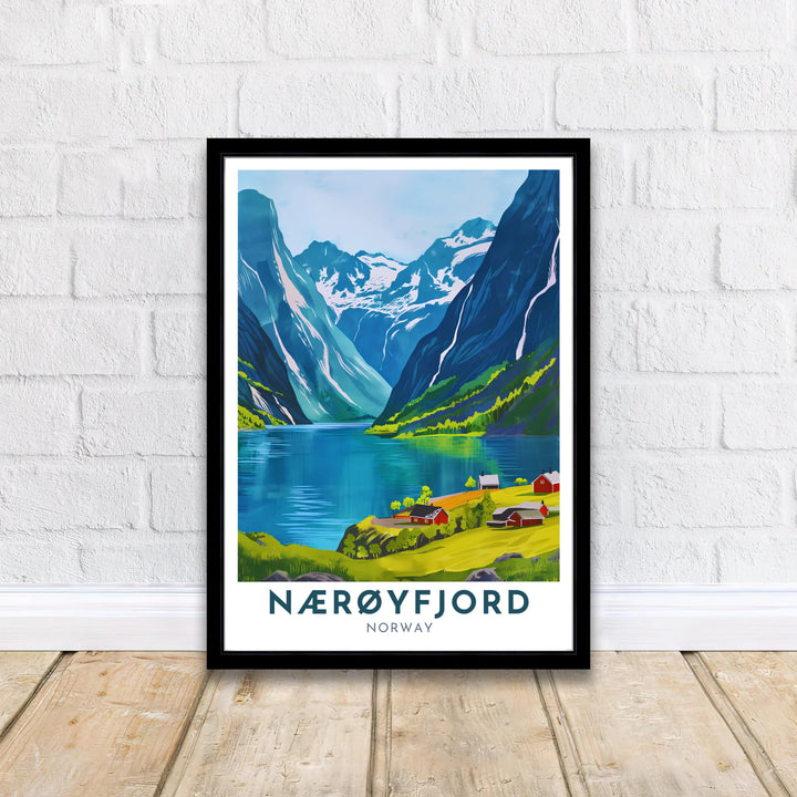 Panoramic summer vector art of Nærøyfjord in Norway featuring clear waters, green cliffs, and traditional countryside cottages. A thoughtful gift for art enthusiasts, this artwork is available in high definition as a ready-to-hang framed poster, unframed archival paper print, or gallery wrapped canvas display.