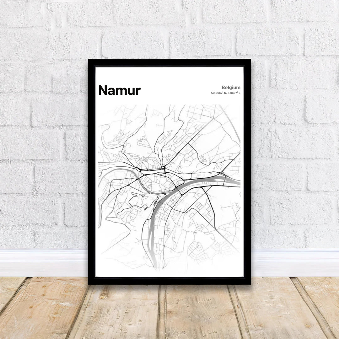 Stylish graphic map poster of Namur, Belgium, featuring sleek modern typography paired with precise latitude and longitude coordinates. Offered by MapYourDreams, this artwork is available in flexible options including unframed paper, custom wooden frames, and gallery canvas wraps.