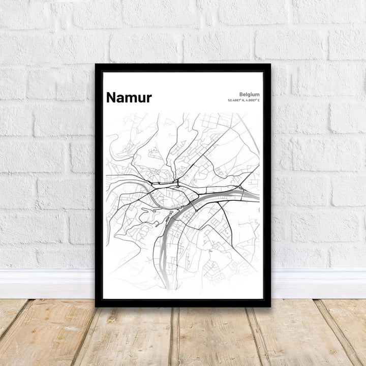Stylish graphic map poster of Namur, Belgium, featuring sleek modern typography paired with precise latitude and longitude coordinates. Offered by MapYourDreams, this artwork is available in flexible options including unframed paper, custom wooden frames, and gallery canvas wraps.