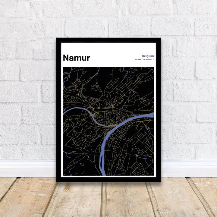 Stylish graphic night-map poster of Namur, Belgium, featuring modern dark aesthetic typography alongside precise geographic location details. Offered by MapYourDreams, this artwork is available in flexible options including unframed paper, custom wooden frames, and gallery canvas wraps.