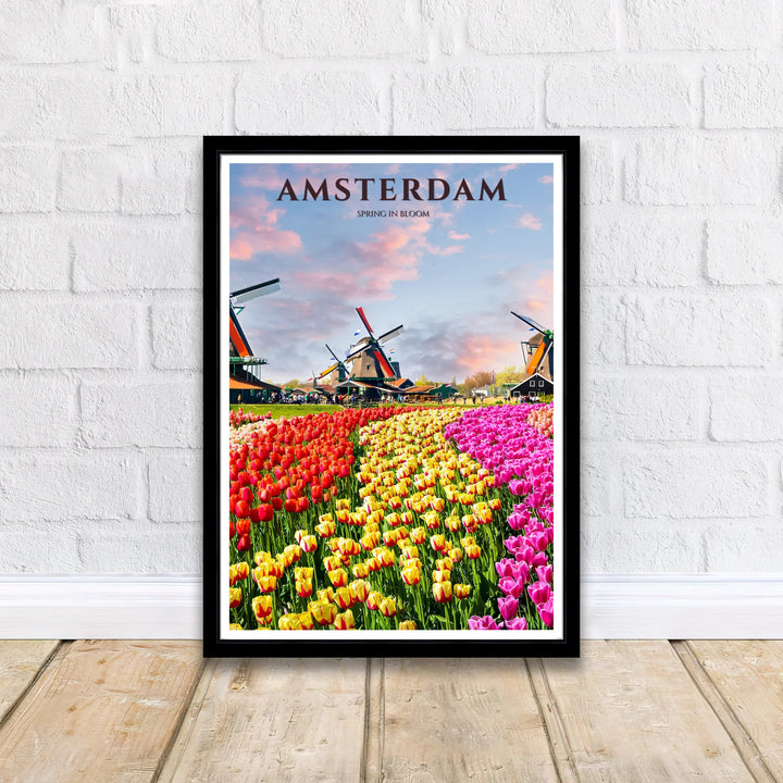 Vibrant photographic poster capturing the beauty of blooming Dutch tulip fields beneath a warm pastel sky in Amsterdam Netherlands, offered by MapYourDreams where options include an unframed paper art print, gallery canvas wall decor, or custom frame choices tailored for botanical interiors.