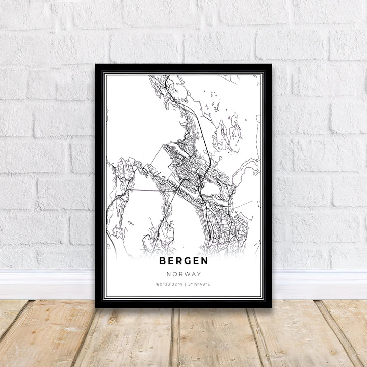 Detailed monochrome city map of Bergen in Norway showing road networks and surrounding fjord topography in clear vector style. A thoughtful gift for travelers, this artwork is available in high definition as a ready-to-hang framed poster, unframed archival paper print, or gallery wrapped canvas display.