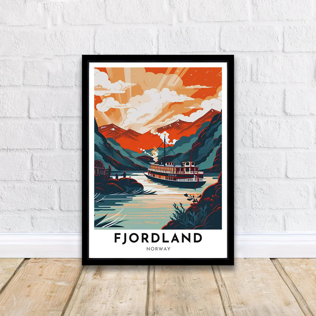 Detailed retro print of Fjordland Norway featuring a vintage steam vessel, serene waters, and towering sunset mountain ridges. A thoughtful gift for travelers, this artwork is available in high definition as a ready-to-hang framed poster, unframed archival paper print, or gallery wrapped canvas display.