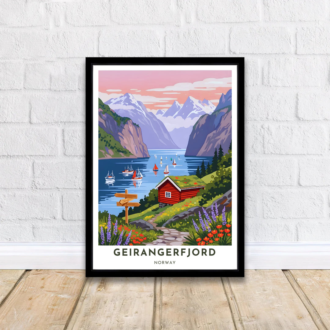 Detailed travel illustration of Geirangerfjord Norway displaying a stone path, lush hillside, turf roof house, and tranquil sailboat waters. A thoughtful gift for travelers, this artwork is available in high definition as a ready-to-hang framed poster, unframed archival paper print, or gallery wrapped canvas display.