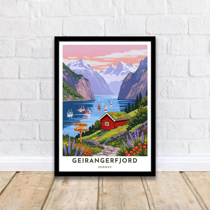 Detailed travel illustration of Geirangerfjord Norway displaying a stone path, lush hillside, turf roof house, and tranquil sailboat waters. A thoughtful gift for travelers, this artwork is available in high definition as a ready-to-hang framed poster, unframed archival paper print, or gallery wrapped canvas display.