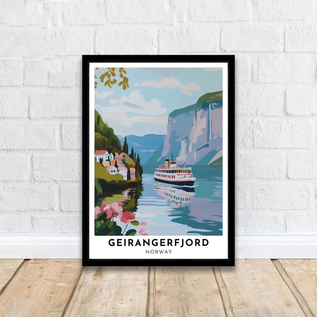 Cool blue landscape poster of Geirangerfjord Norway showing a classic ferry boat floating along peaceful waters past distant mountain waterfalls. Designed for interior decoration, this fine print comes as unframed paper prints, sleek framed wall art, and gallery wrapped canvas displays.