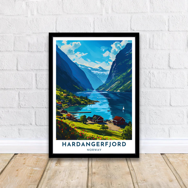 Bright blue water landscape poster of Hardangerfjord Norway showing peaceful sailboat cruising past vibrant red waterfront cottages. Designed for interior decoration, this fine print comes as unframed paper prints, sleek framed wall art, and gallery wrapped canvas displays.