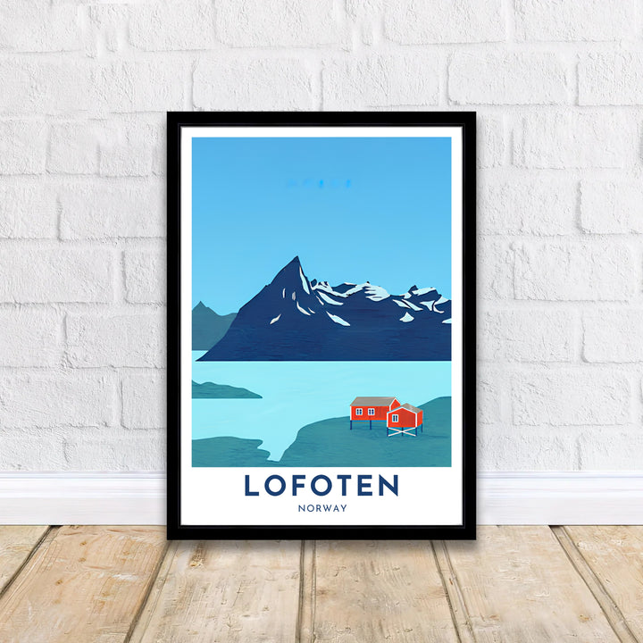 Detailed graphic art of Lofoten Norway displaying red fishing cottages, a calm bay, and dramatic mountain scenery. Created by MapYourDreams, this landscape piece is offered across multiple formats including custom framed prints, premium stretched canvas artwork, and classic unframed poster options.