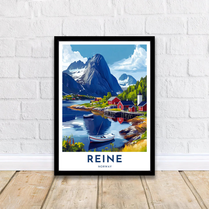 Scenic fjord artwork of Reine Norway highlighting classic red fishing huts, calm water reflections, and snow-dusted alpine heights. Perfect for living room decoration, choose between simple unframed paper prints, custom framed wall art displays, or premium stretched canvas panels.