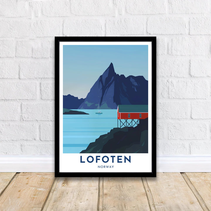 Graphic travel illustration of Lofoten Norway featuring a red waterfront cottage and a sharp mountain peak rising over serene fjord waters. MapYourDreams offers this mountain landscape artwork in versatile forms such as unframed paper prints, solid wood framed setups, and gallery wrapped canvas options.