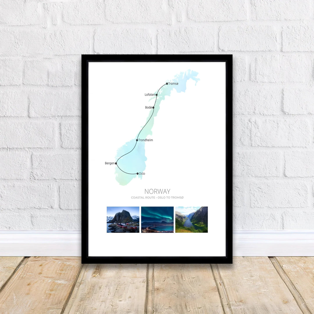 Detailed cartographic print showing the coastal route from Oslo to Tromsø in Norway with northern lights and fjord panels below. MapYourDreams offers this travel landscape artwork in versatile forms such as unframed paper prints, solid wood framed setups, and gallery wrapped canvas options.
