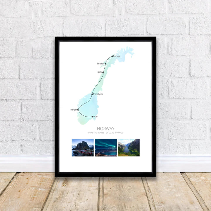 Detailed cartographic print showing the coastal route from Oslo to Tromsø in Norway with northern lights and fjord panels below. MapYourDreams offers this travel landscape artwork in versatile forms such as unframed paper prints, solid wood framed setups, and gallery wrapped canvas options.