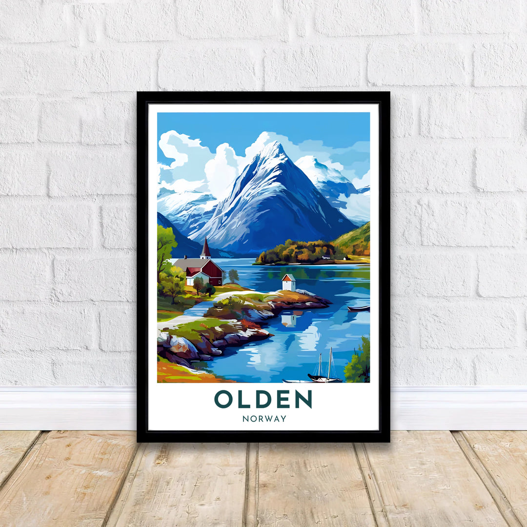 Minimalist vector art poster showing the idyllic town of Olden on Nordfjord in Norway surrounded by lush green hills and alpine peaks. Designed to complement modern interiors, this print is produced in simple unframed poster paper, custom wood framed setups, and gallery stretched canvas art.