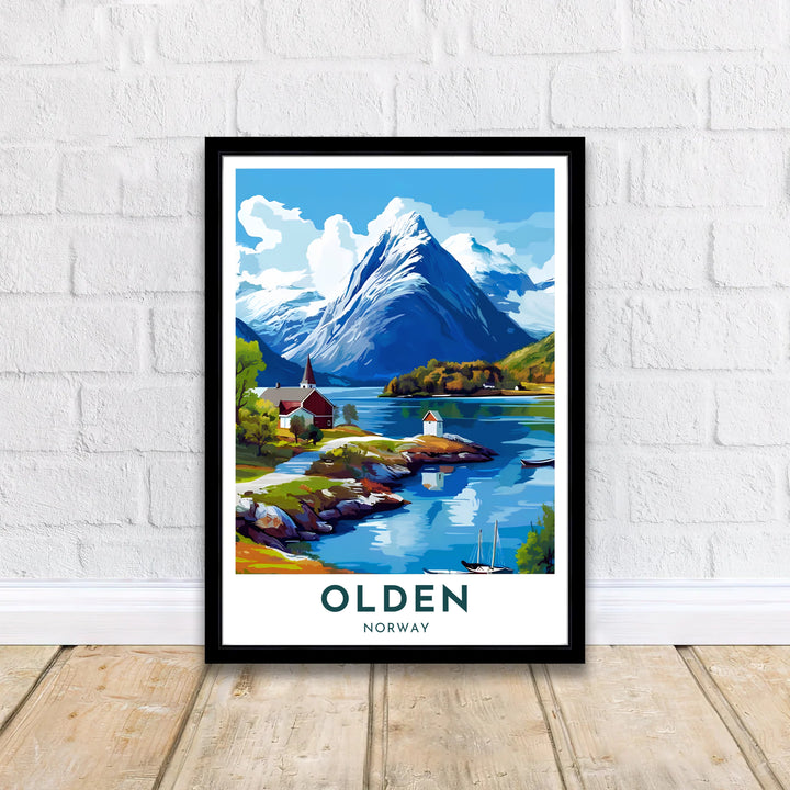 Minimalist vector art poster showing the idyllic town of Olden on Nordfjord in Norway surrounded by lush green hills and alpine peaks. Designed to complement modern interiors, this print is produced in simple unframed poster paper, custom wood framed setups, and gallery stretched canvas art.