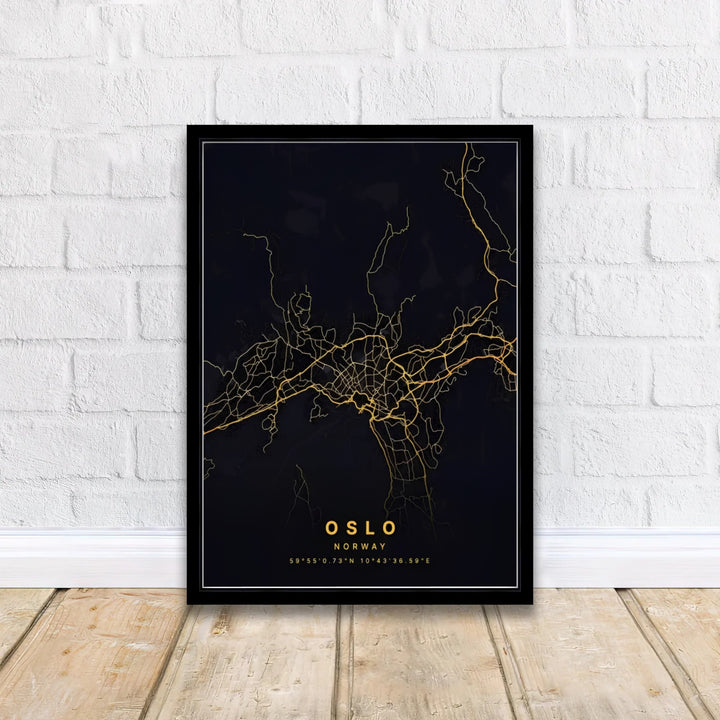 Minimalist modern city map print depicting Oslo Norway in fine gold vector linework set against a matte black backdrop. Designed to complement contemporary spaces, this piece is produced in simple unframed poster paper, custom wood framed setups, and gallery stretched canvas art.