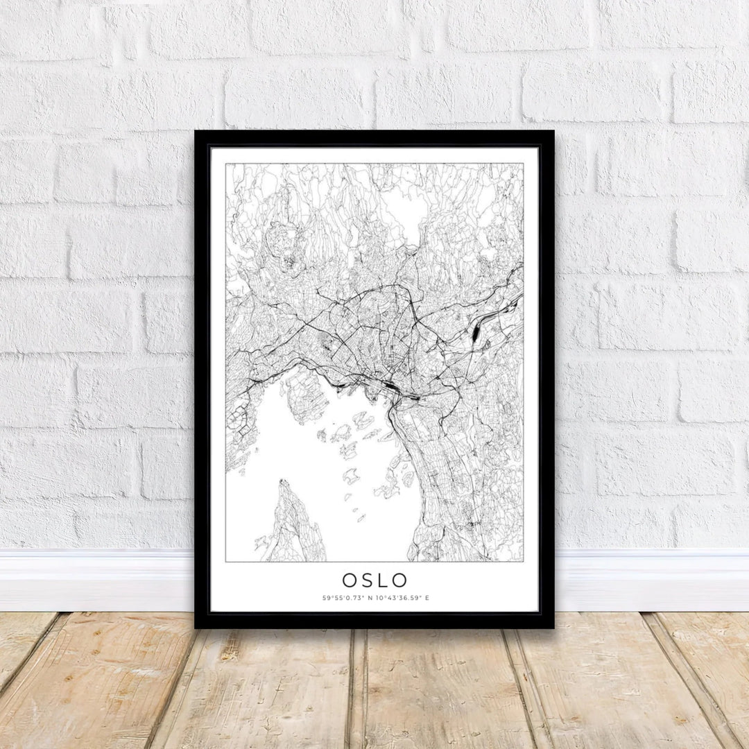 Minimalist cartography poster depicting the street network and coastal layout of Oslo Norway in clean black lines on a white field. Designed to complement contemporary spaces, this piece is produced in simple unframed poster paper, custom wood framed setups, and gallery stretched canvas art.