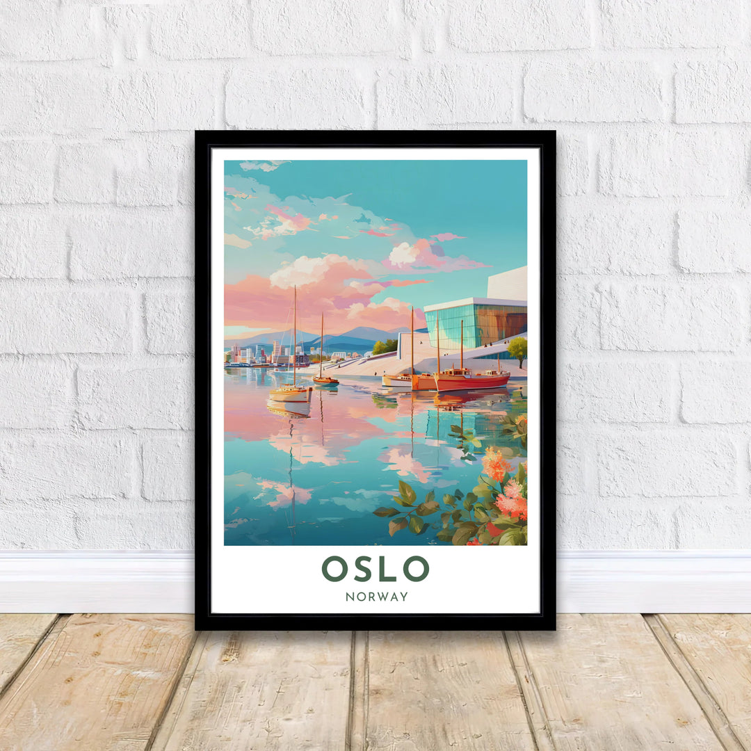 Scenic Scandinavian landscape print of the Oslo Opera House in Norway with gentle water reflections and floral accents in the foreground. MapYourDreams provides this wall decor in configurations including unframed paper prints, custom wood frames, and gallery stretched canvas art.