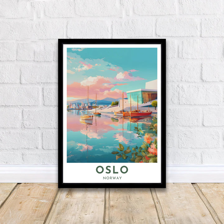 Scenic Scandinavian landscape print of the Oslo Opera House in Norway with gentle water reflections and floral accents in the foreground. MapYourDreams provides this wall decor in configurations including unframed paper prints, custom wood frames, and gallery stretched canvas art.