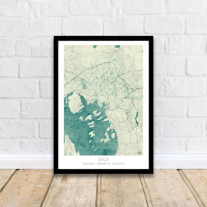 Vintage nautical street map poster depicting the coastal layout and island clusters of Oslo Norway in soft ocean blue tones. Designed to complement contemporary spaces, this piece is produced in simple unframed poster paper, custom wood framed setups, and gallery stretched canvas art.