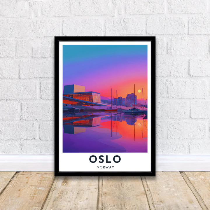 Modern city travel poster illustrating the famous Oslo Opera House structure in Norway under a colorful evening sky with bold city typography. Designed to complement contemporary spaces, this piece is produced in simple unframed poster paper, custom wood framed setups, and gallery stretched canvas art.