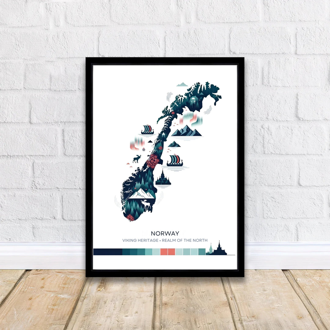 Minimalist Scandinavian geographic map poster highlighting Viking heritage motifs, forest trees, mountains, and coastal longboat graphics. Designed to complement contemporary spaces, this piece is produced in simple unframed poster paper, custom wood framed setups, and gallery stretched canvas art.