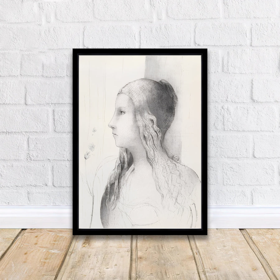 Softly shaded monochromatic artwork of Brünnhilde by Odilon Redon, highlighting vintage 19th-century fine graphic art. Produced on archival materials, MapYourDreams makes this available as an unframed print, framed in premium mouldings, or on stretched canvas wraps.